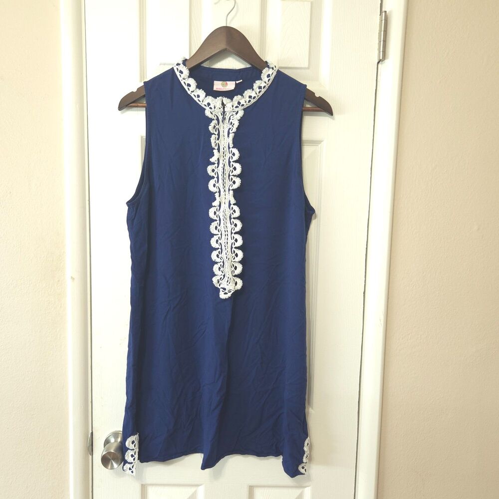 Marleylilly Navy Blue White Crochet Lace Shift Dress Sleeveless Medium